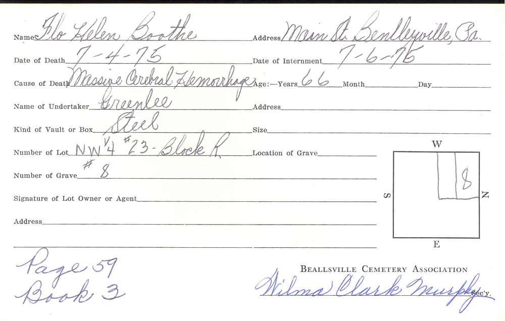 Flo Helen Boothe burial card